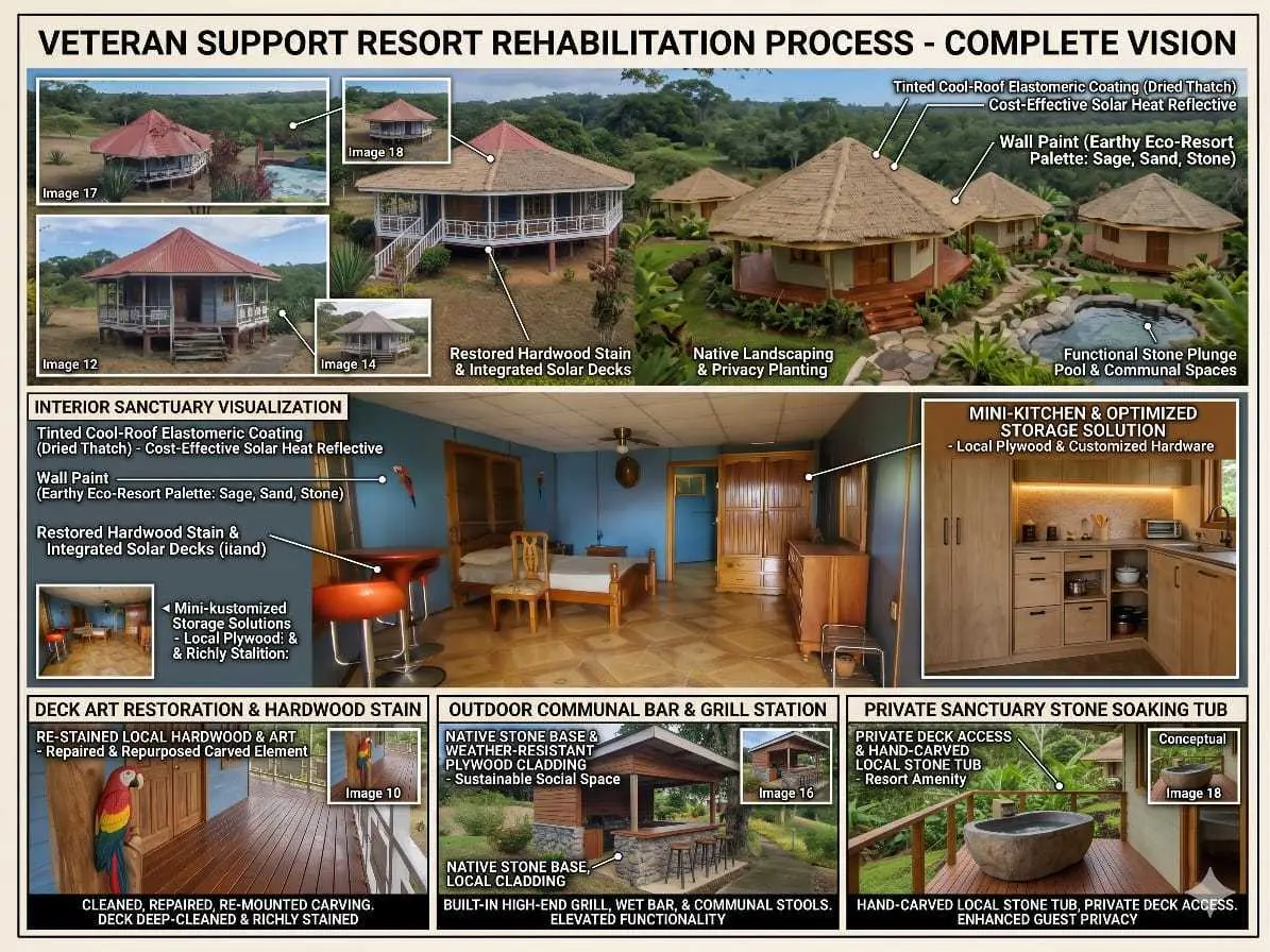 Concept collage: the full rehabilitation vision — restored bungalows, native landscaping, a stone plunge pool, and communal spaces