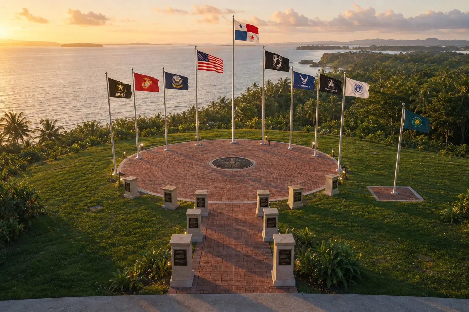 Conceptual rendering of the planned Plaza of Honor: nine flagpoles in an honor arc overlooking the Caribbean at sunrise, with a brick-paved plaza and approach walkway lined by plank owner pillars