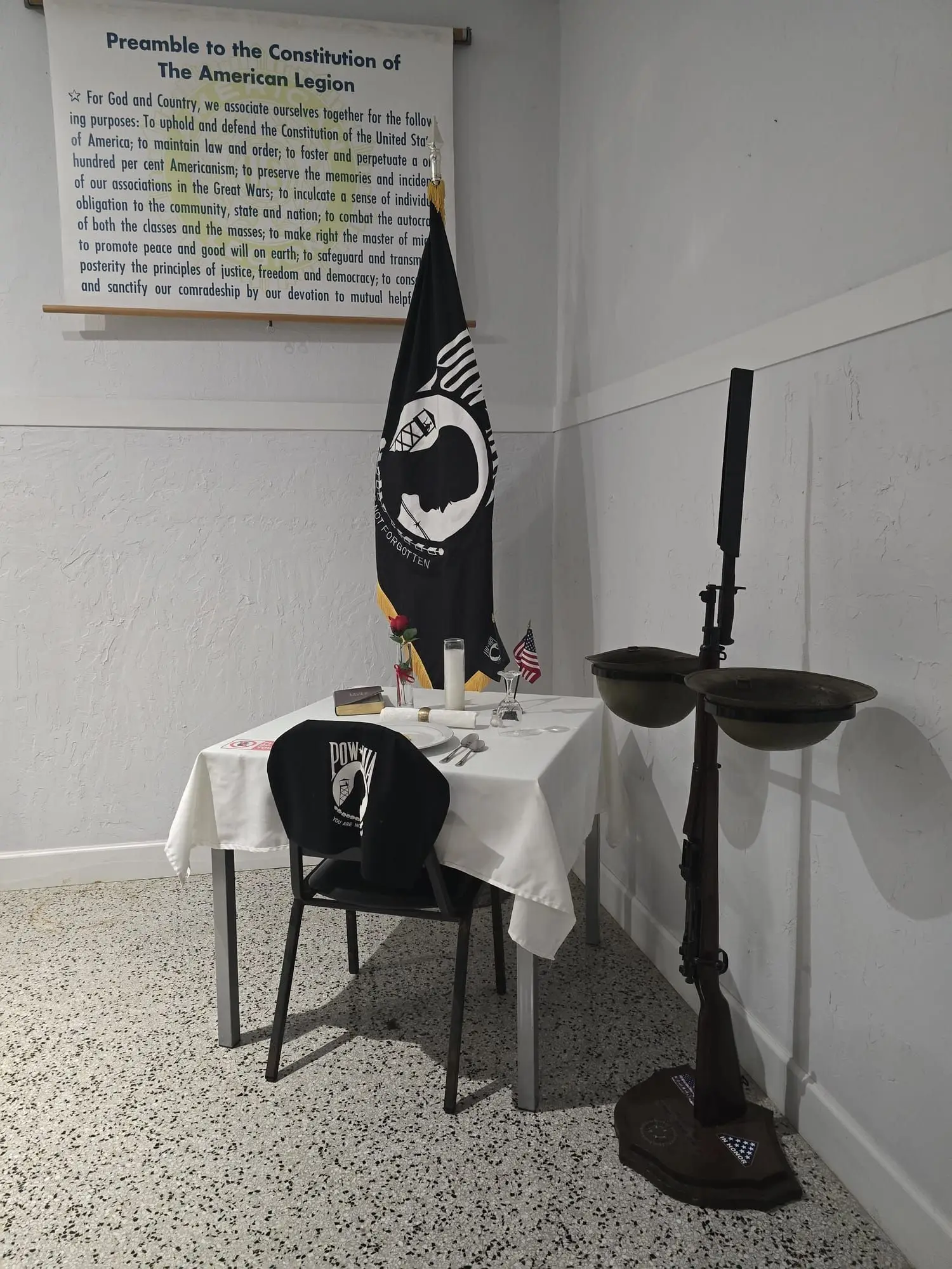 A POW/MIA remembrance table display honoring missing and captured service members