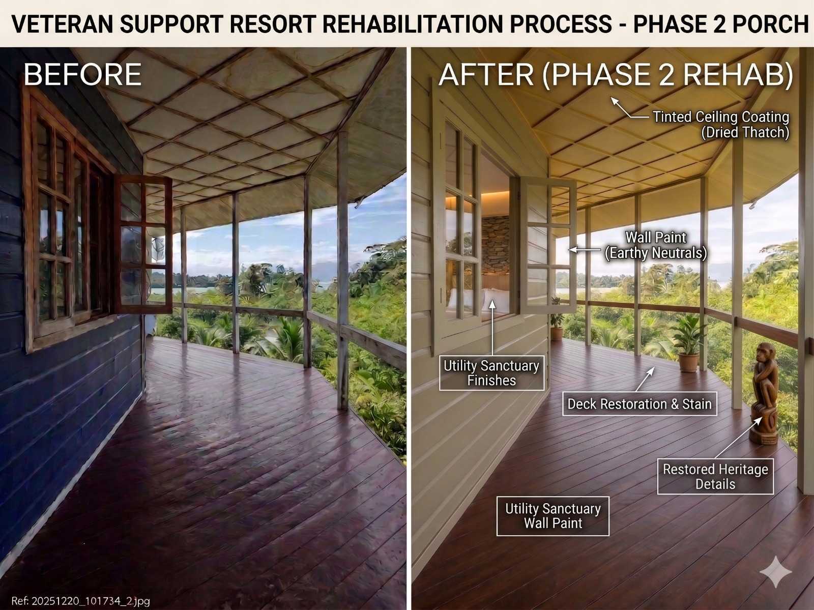 Concept collage: a before-and-after rendering of one veranda, showing the planned wall paint, deck stain, and lighting