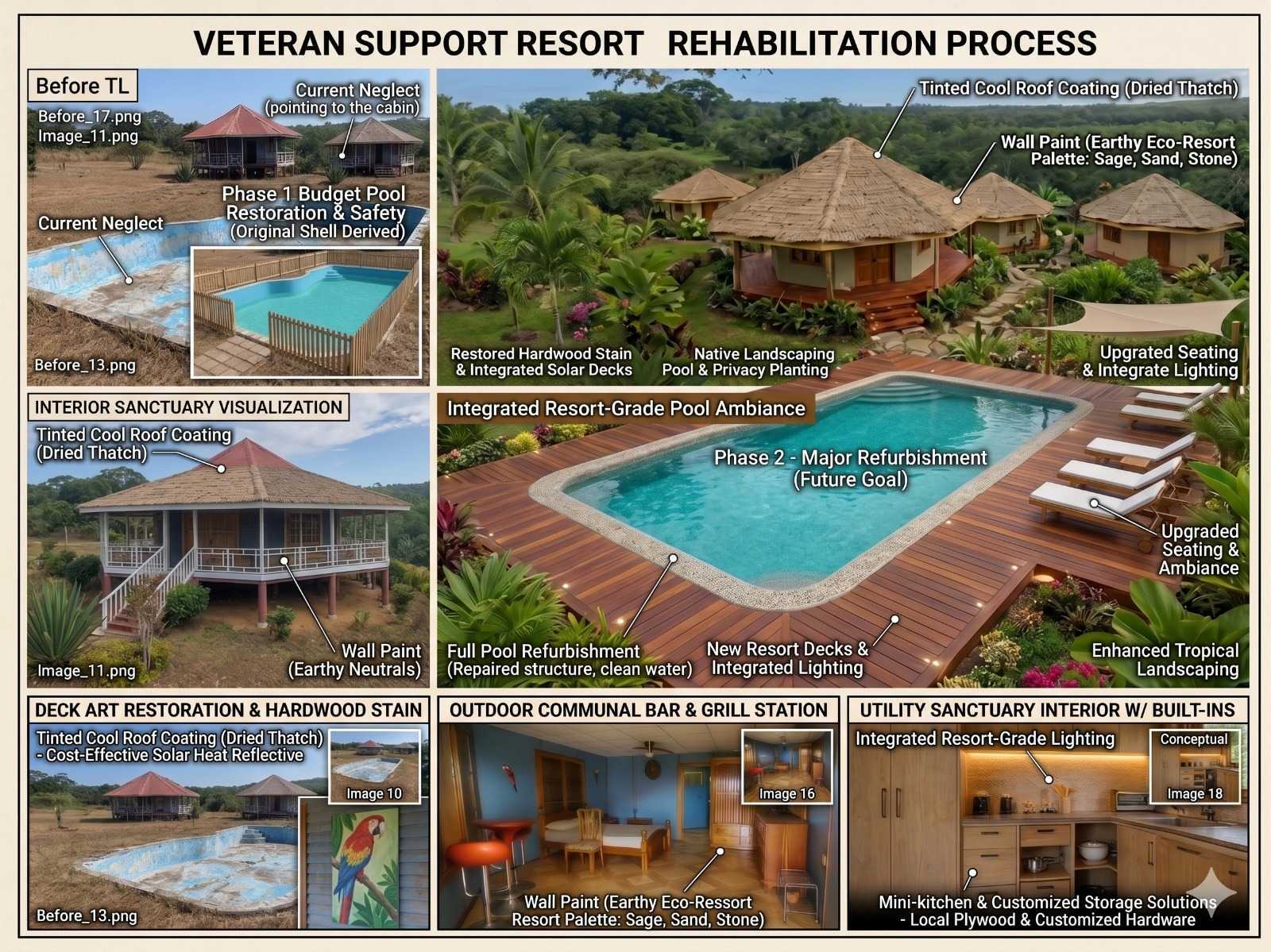 Concept collage: the property's existing drained pool alongside a rendering of its planned resort-grade restoration